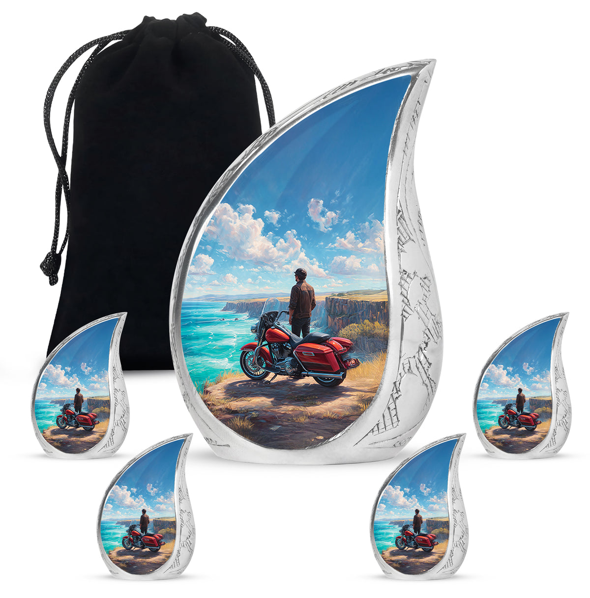 Icy Blue Bike Cremation Urn side profile showing urn shape - flowing teardrop bike silhouette on curved aluminum - memorial set with one large and four small urns