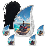 Icy Blue Bike Cremation Urn side profile showing urn shape - flowing teardrop bike silhouette on curved aluminum - memorial set with one large and four small urns