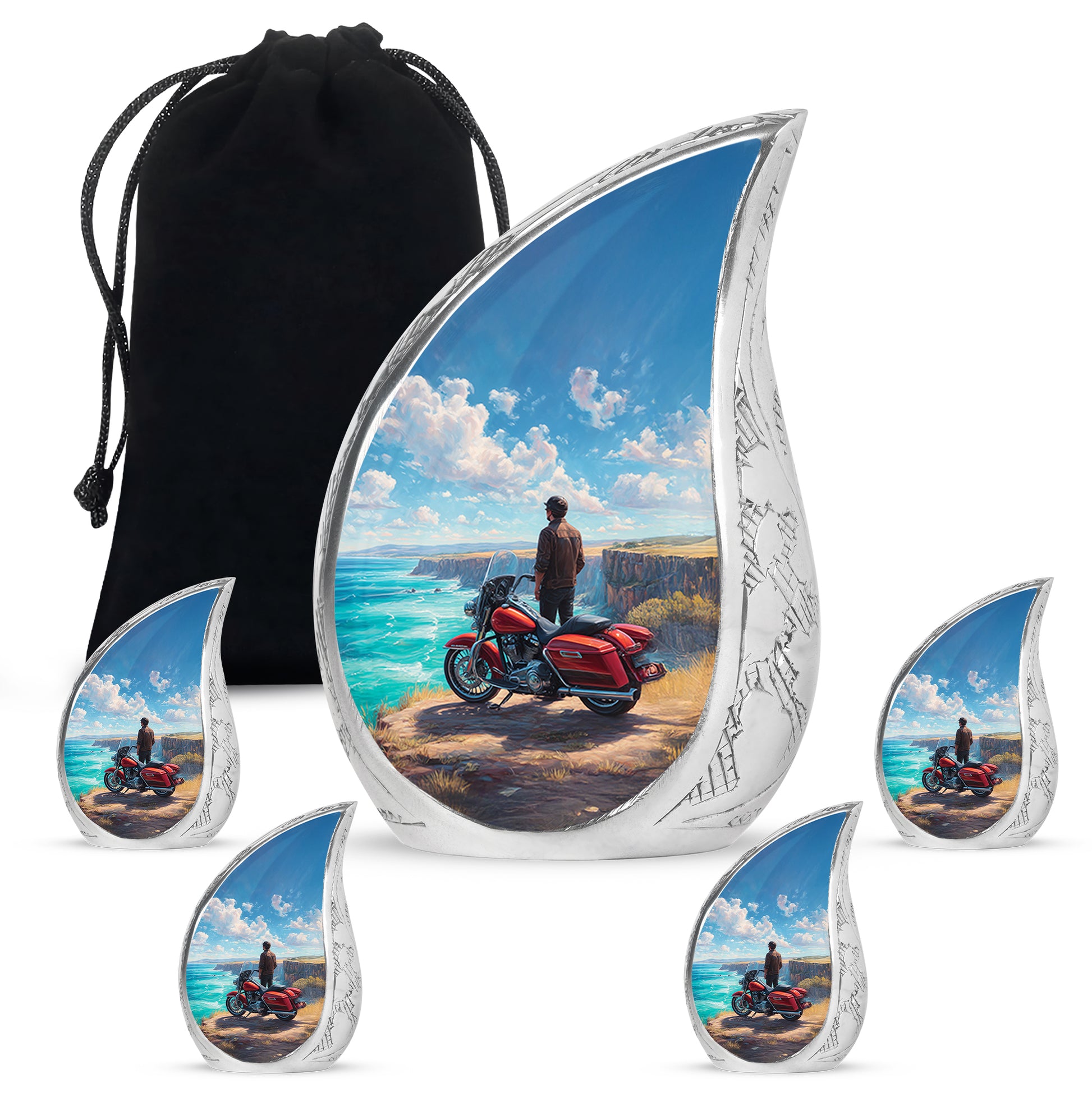 Icy Blue Bike Cremation Urn side profile showing urn shape - flowing teardrop bike silhouette on curved aluminum - memorial set with one large and four small urns