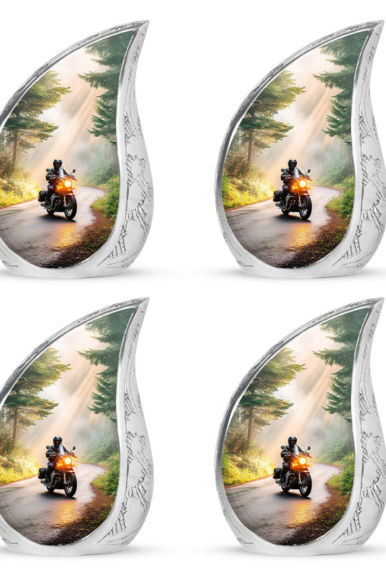 Champagne Gold Bike Cremation Urn close-up of engraving and surface detail - rounded teardrop bike design with delicate detail - 10 inch aluminum urn for cremated remains