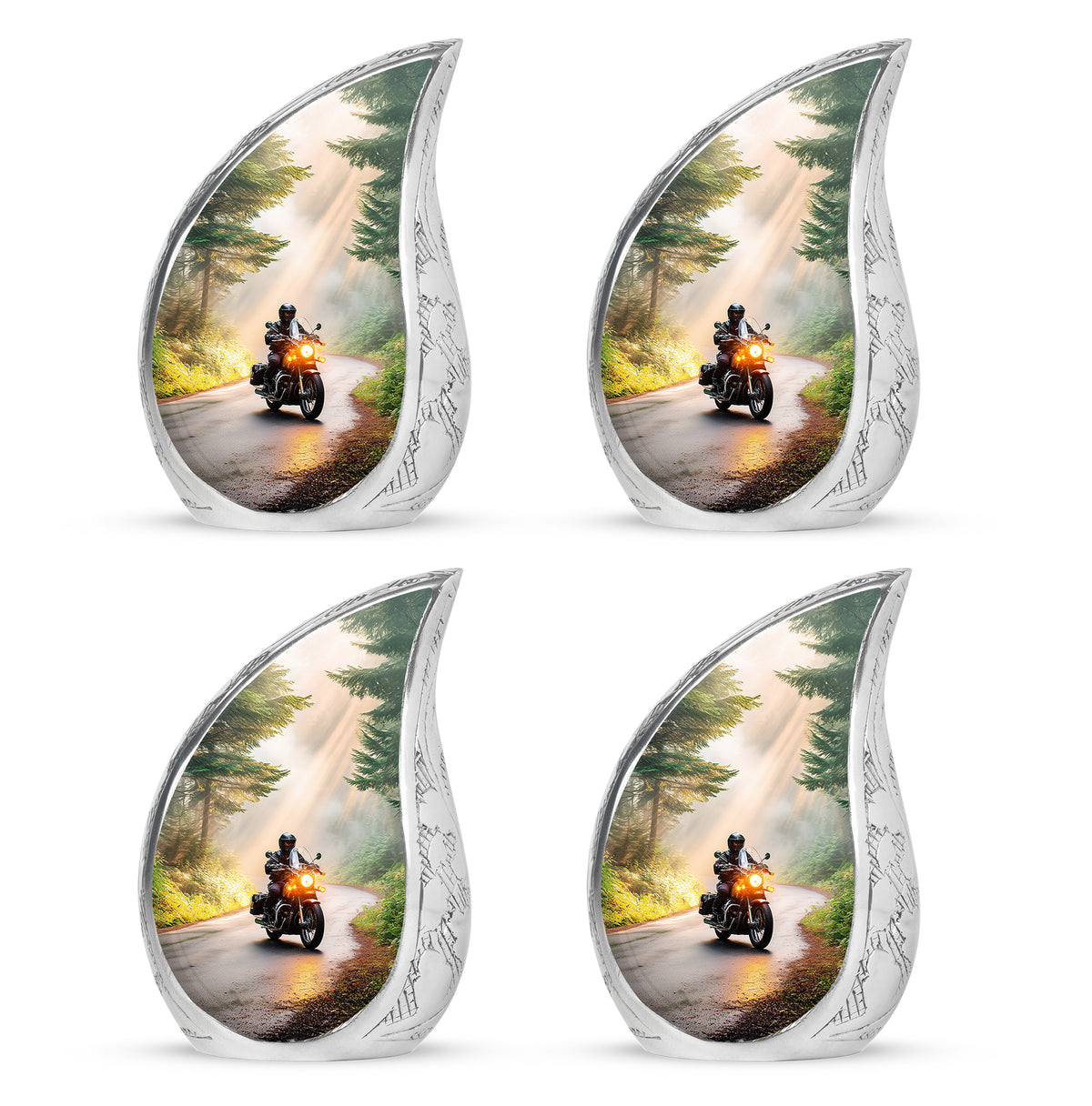 Champagne Gold Bike Cremation Urn close-up of engraving and surface detail - rounded teardrop bike design with delicate detail - 10 inch aluminum urn for cremated remains