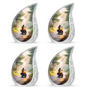 Champagne Gold Bike Cremation Urn close-up of engraving and surface detail - rounded teardrop bike design with delicate detail - 10 inch aluminum urn for cremated remains