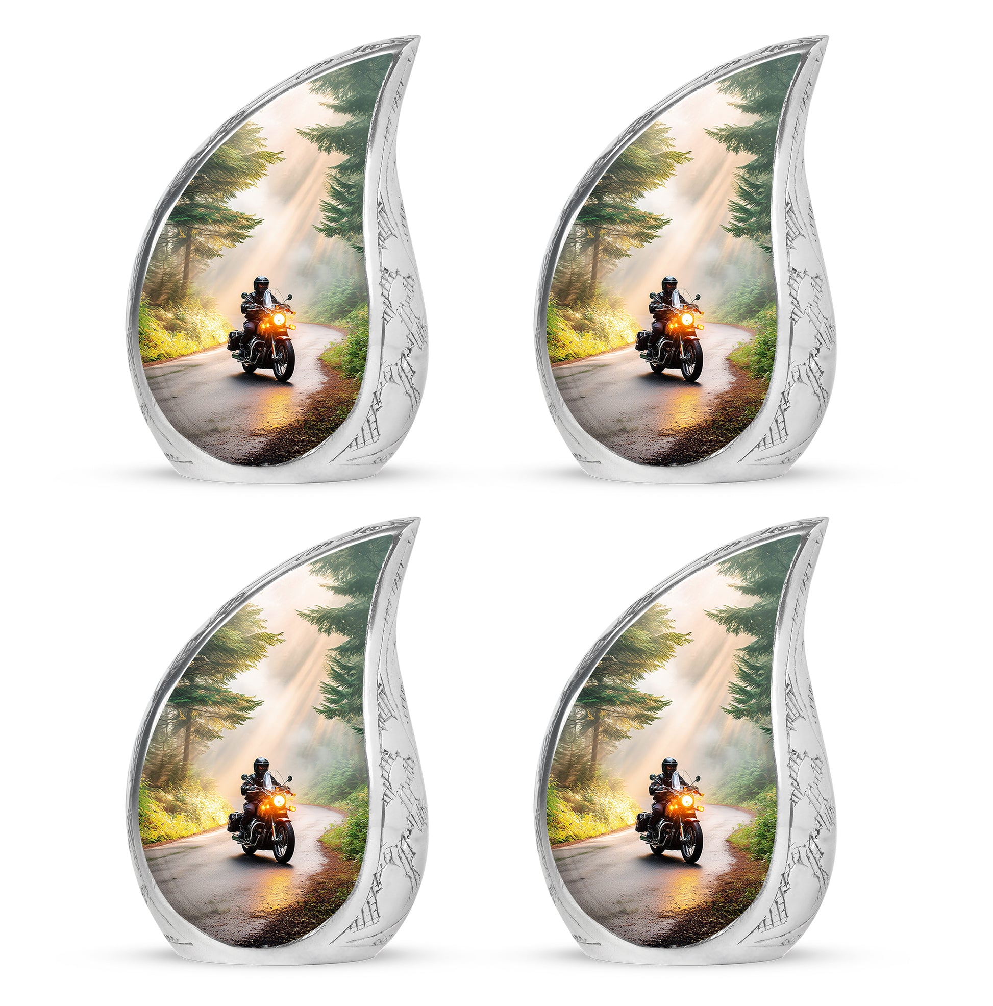 Champagne Gold Bike Cremation Urn close-up of engraving and surface detail - rounded teardrop bike design with delicate detail - 10 inch aluminum urn for cremated remains