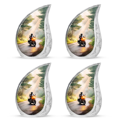 Champagne Gold Bike Cremation Urn close-up of engraving and surface detail - rounded teardrop bike design with delicate detail - 10 inch aluminum urn for cremated remains
