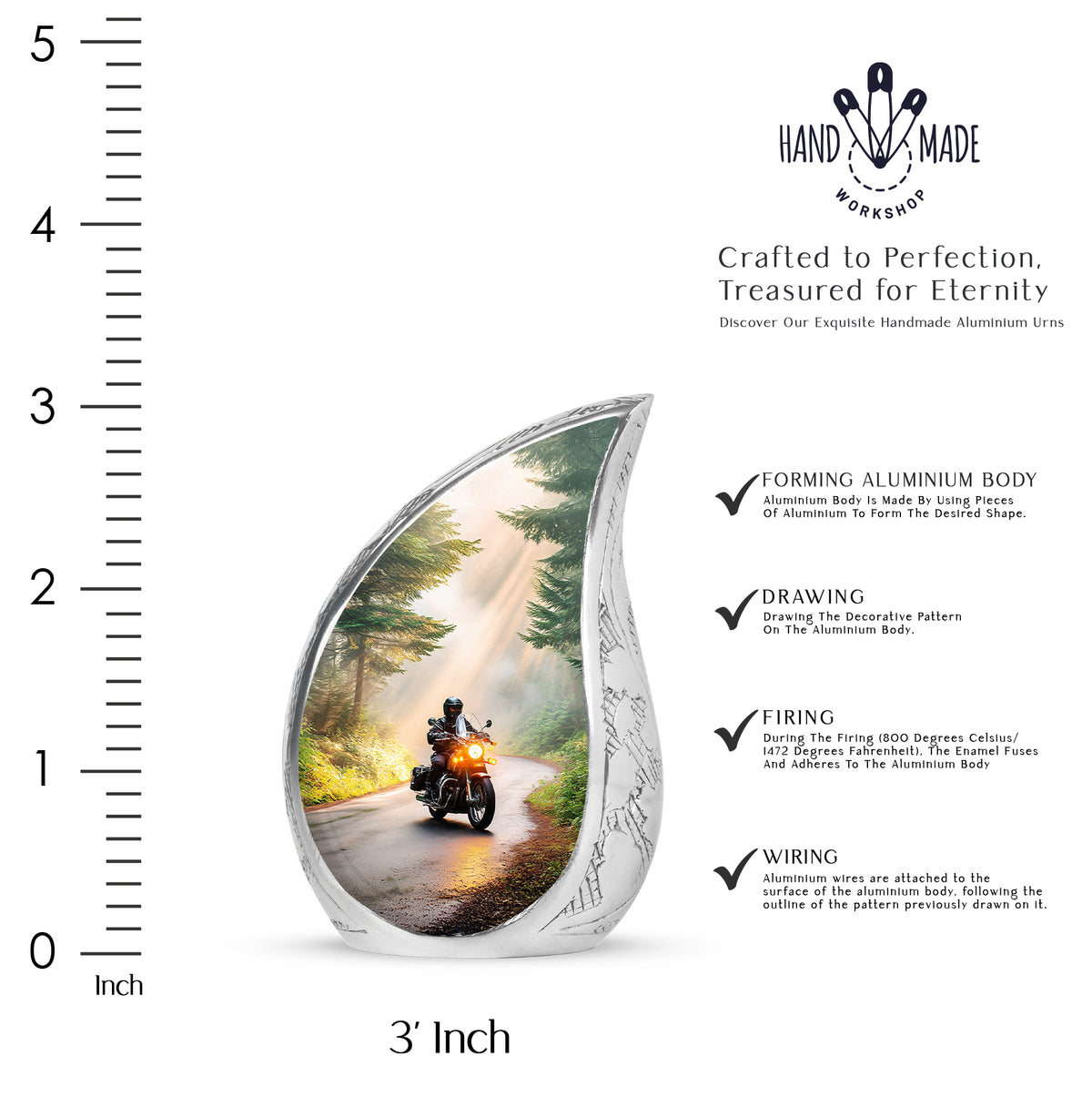 Amber Gold Bike Cremation Urn angled view of lid and engraved motif - flowing teardrop bike silhouette on curved aluminum - mini keepsake memorial for portion of cremation ashes