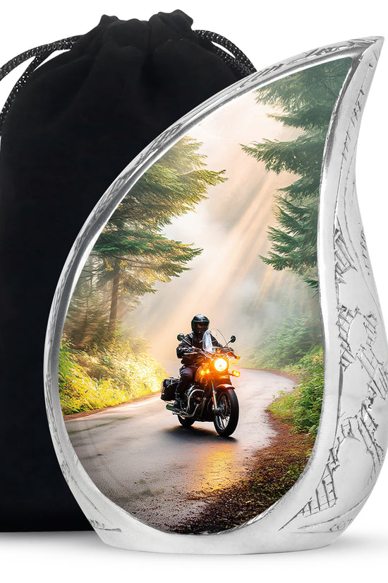 Burnished Gold Bike Cremation Urn front view showing detailed design - smooth teardrop contour featuring bike art - full-size 10 inch 200 cubic inch adult cremation urn
