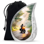 Burnished Gold Bike Cremation Urn front view showing detailed design - smooth teardrop contour featuring bike art - full-size 10 inch 200 cubic inch adult cremation urn