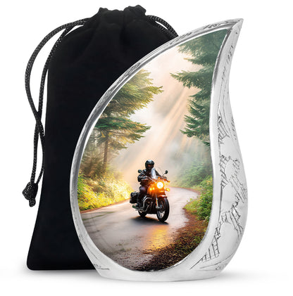 Burnished Gold Bike Cremation Urn front view showing detailed design - smooth teardrop contour featuring bike art - full-size 10 inch 200 cubic inch adult cremation urn