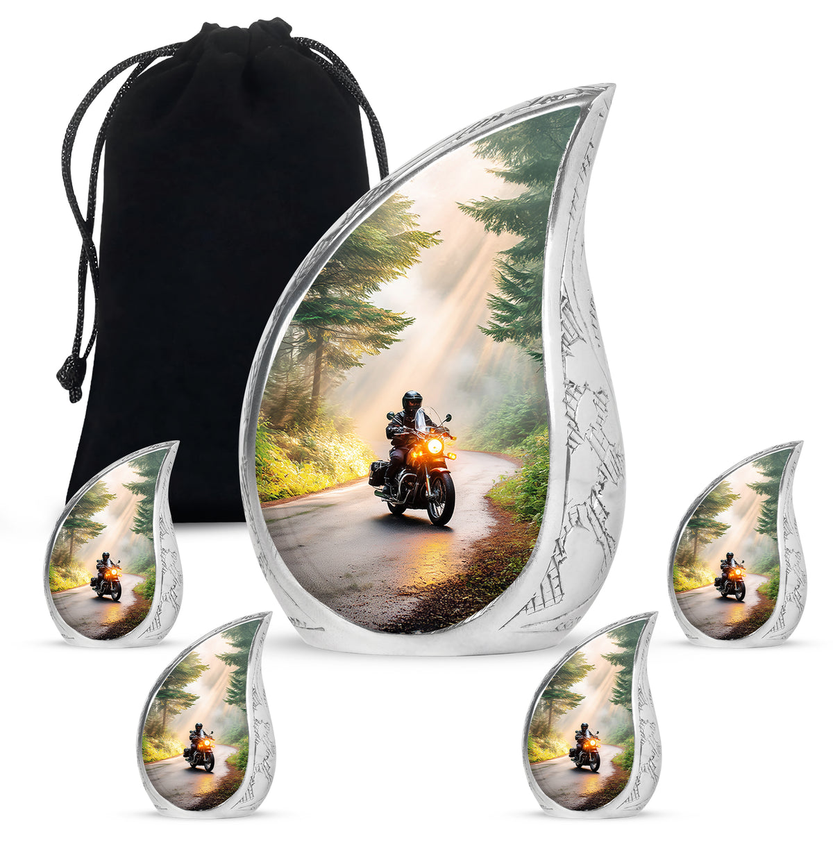 Sunrise Gold Bike Cremation Urn side profile showing urn shape - rounded teardrop bike design with delicate detail - memorial set with one large and four small urns