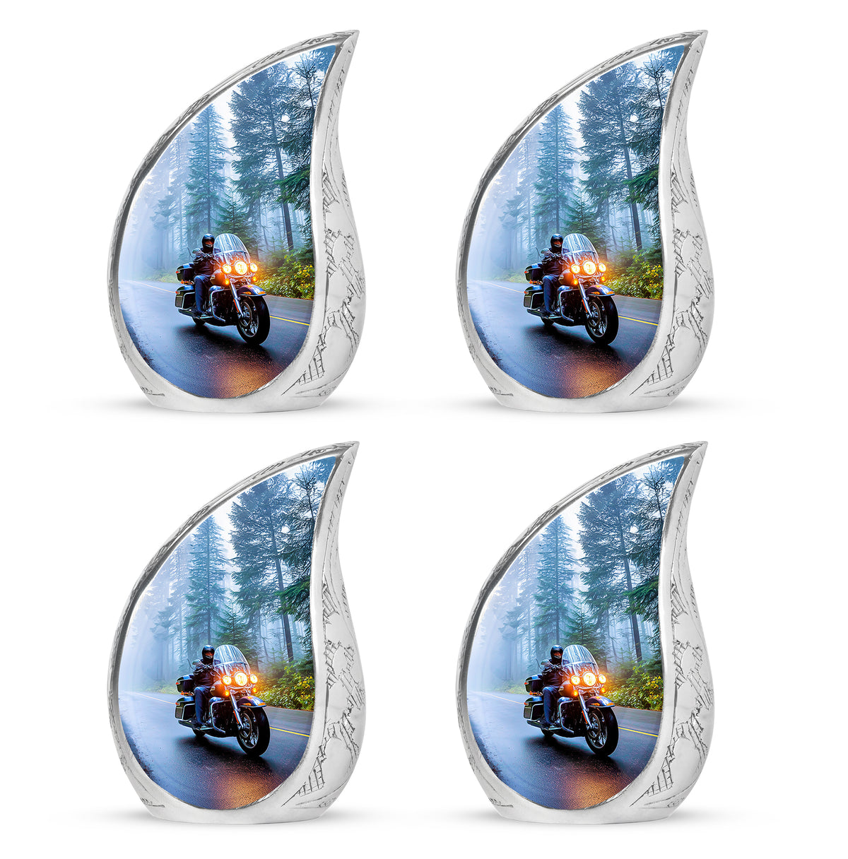 Soft Blue Bike Cremation Urn close-up of engraving and surface detail - smooth teardrop contour featuring bike art - 10 inch aluminum urn for cremated remains