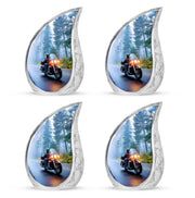 Soft Blue Bike Cremation Urn close-up of engraving and surface detail - smooth teardrop contour featuring bike art - 10 inch aluminum urn for cremated remains