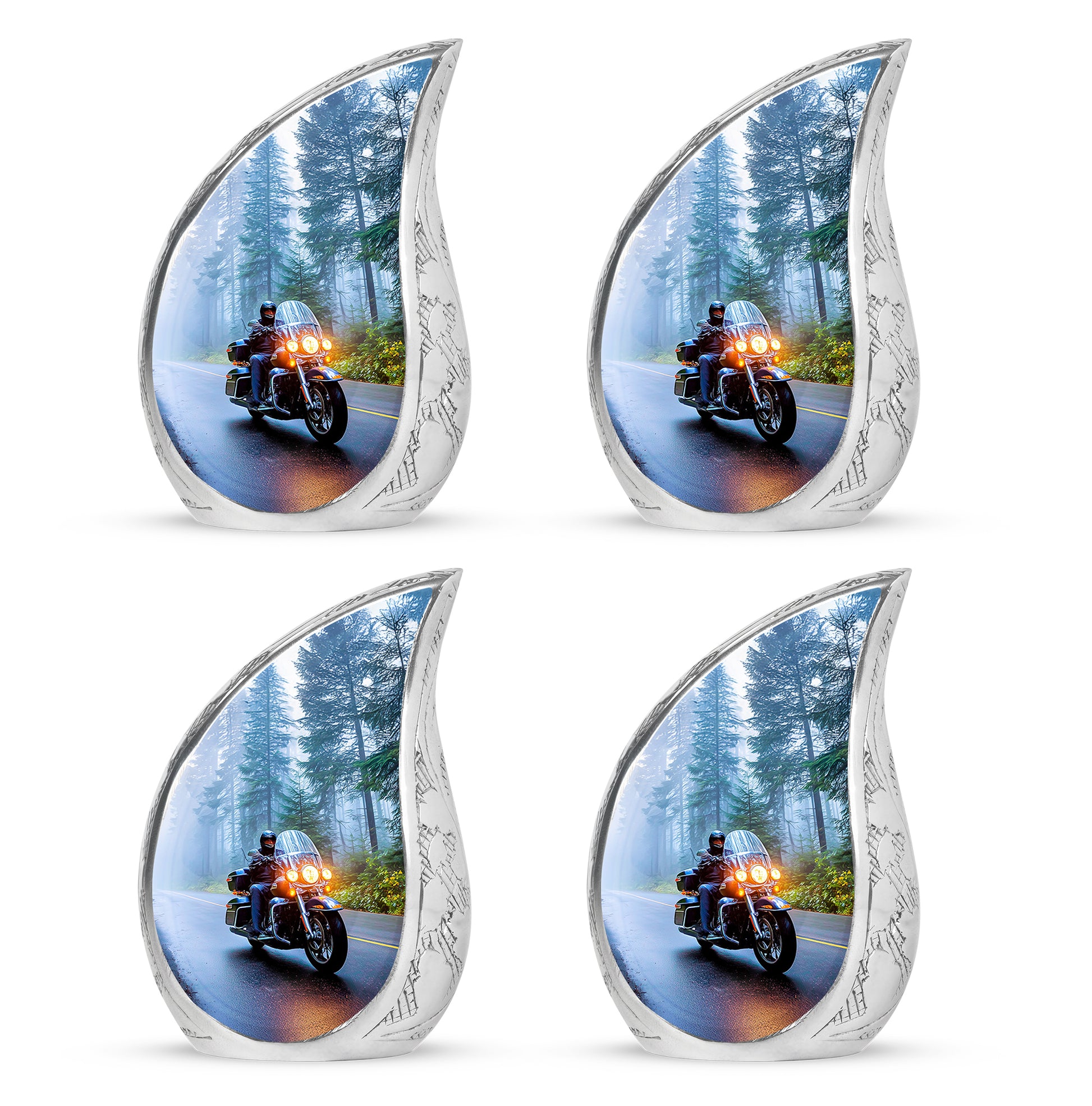 Soft Blue Bike Cremation Urn close-up of engraving and surface detail - smooth teardrop contour featuring bike art - 10 inch aluminum urn for cremated remains