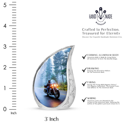 Sky Blue Bike Cremation Urn angled view of lid and engraved motif - rounded teardrop bike design with delicate detail - mini keepsake memorial for portion of cremation ashes