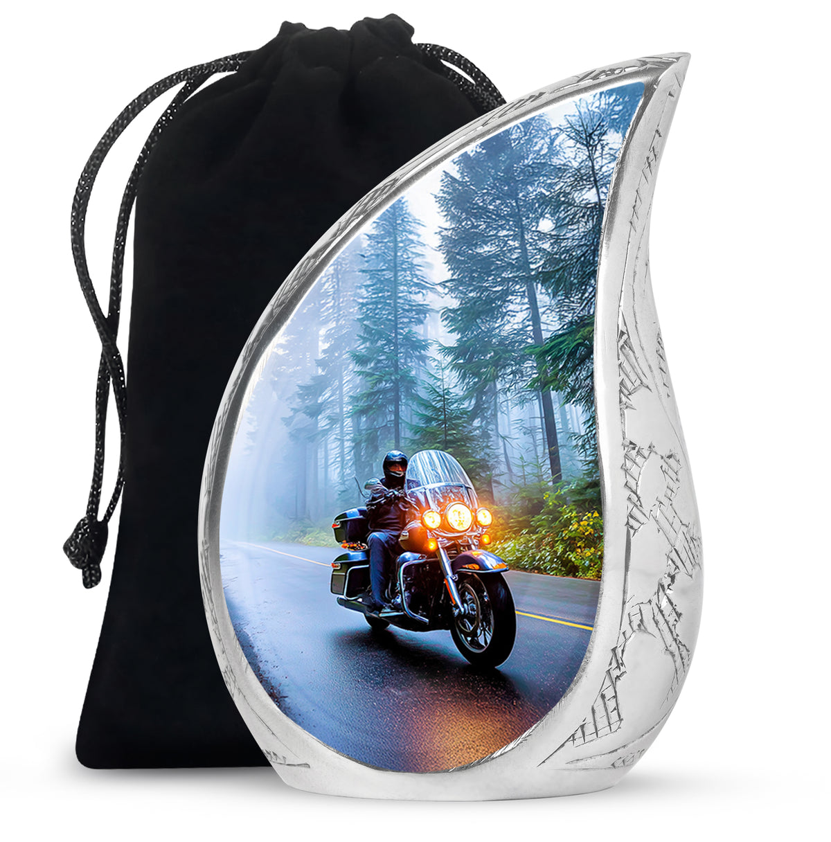 Indigo Bike Cremation Urn front view showing detailed design - flowing teardrop bike silhouette on curved aluminum - full-size 10 inch 200 cubic inch adult cremation urn
