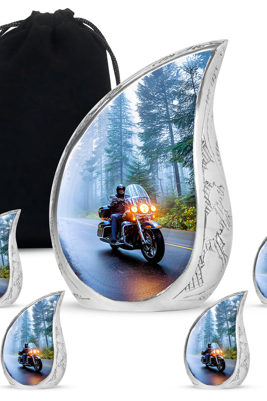 Cornflower Blue Bike Cremation Urn side profile showing urn shape - smooth teardrop contour featuring bike art - memorial set with one large and four small urns