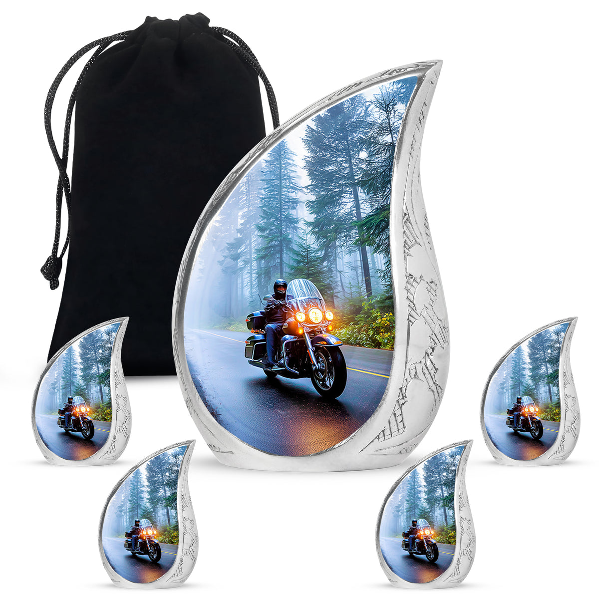 Cornflower Blue Bike Cremation Urn side profile showing urn shape - smooth teardrop contour featuring bike art - memorial set with one large and four small urns