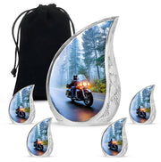 Cornflower Blue Bike Cremation Urn side profile showing urn shape - smooth teardrop contour featuring bike art - memorial set with one large and four small urns
