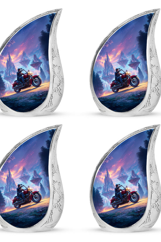 Icy Blue Bike Cremation Urn close-up of engraving and surface detail - flowing teardrop bike silhouette on curved aluminum - 10 inch aluminum urn for cremated remains