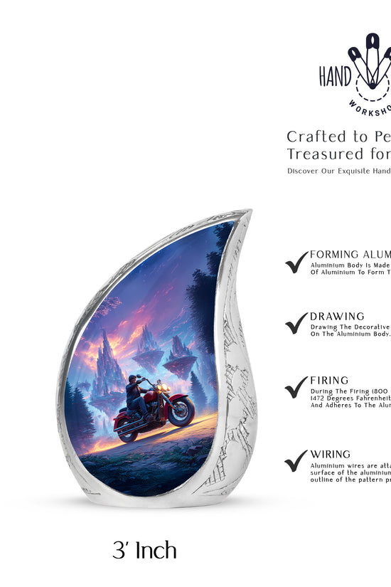 Powder Blue Bike Cremation Urn angled view of lid and engraved motif - flowing teardrop bike silhouette on curved aluminum - mini keepsake memorial for portion of cremation ashes