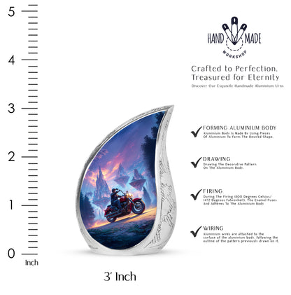 Powder Blue Bike Cremation Urn angled view of lid and engraved motif - flowing teardrop bike silhouette on curved aluminum - mini keepsake memorial for portion of cremation ashes