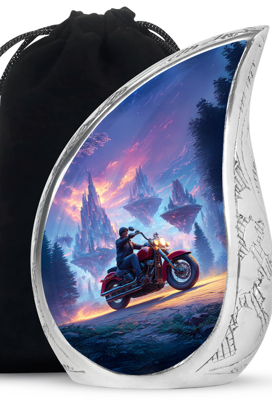 Cornflower Blue Bike Cremation Urn front view showing detailed design - smooth teardrop contour featuring bike art - full-size 10 inch 200 cubic inch adult cremation urn