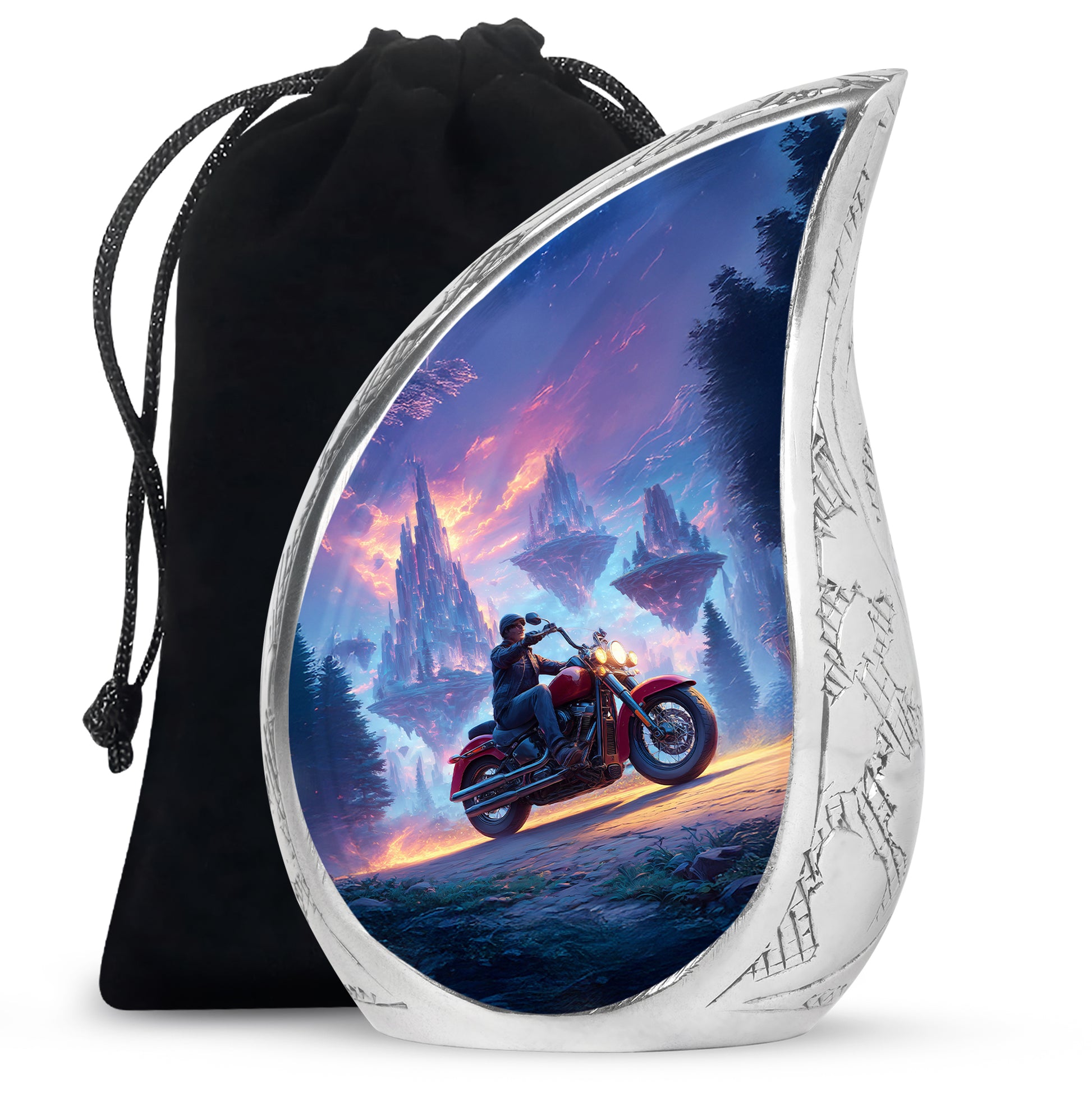 Cornflower Blue Bike Cremation Urn front view showing detailed design - smooth teardrop contour featuring bike art - full-size 10 inch 200 cubic inch adult cremation urn