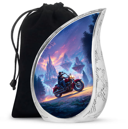 Cornflower Blue Bike Cremation Urn front view showing detailed design - smooth teardrop contour featuring bike art - full-size 10 inch 200 cubic inch adult cremation urn
