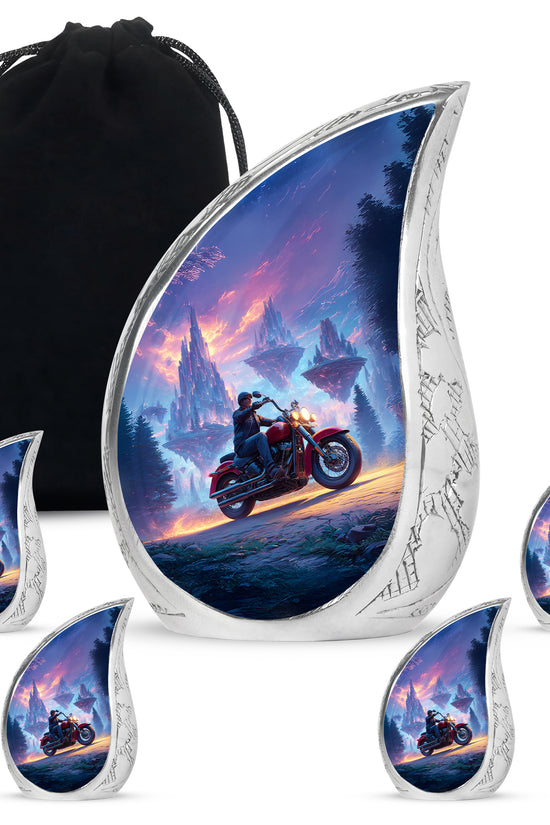Serene Blue Bike Cremation Urn side profile showing urn shape - smooth teardrop contour featuring bike art - memorial set with one large and four small urns