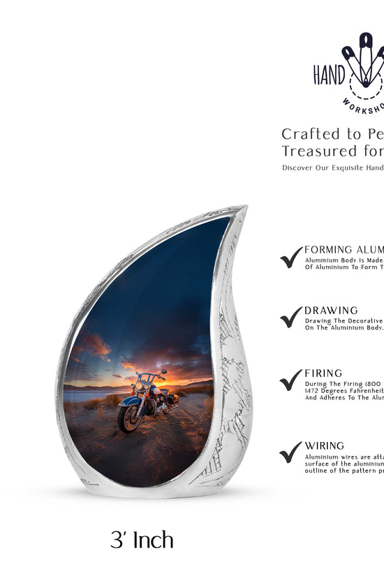 Onyx Black Bike Cremation Urn angled view of lid and engraved motif - smooth teardrop contour featuring bike art - mini keepsake memorial for portion of cremation ashes