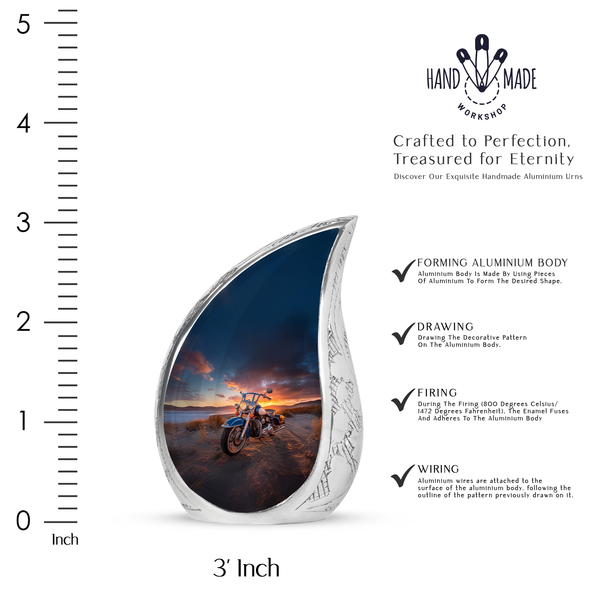 Onyx Black Bike Cremation Urn angled view of lid and engraved motif - smooth teardrop contour featuring bike art - mini keepsake memorial for portion of cremation ashes