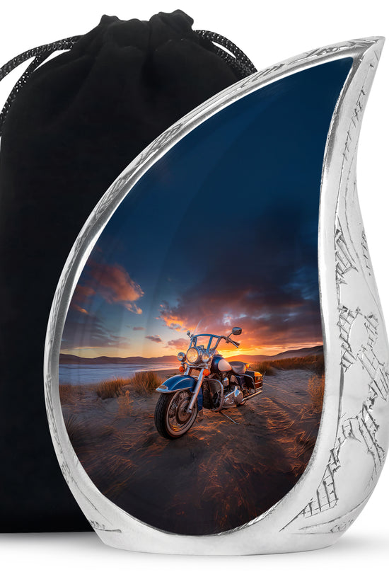 Glossy Black Bike Cremation Urn front view showing detailed design - rounded teardrop bike design with delicate detail - full-size 10 inch 200 cubic inch adult cremation urn