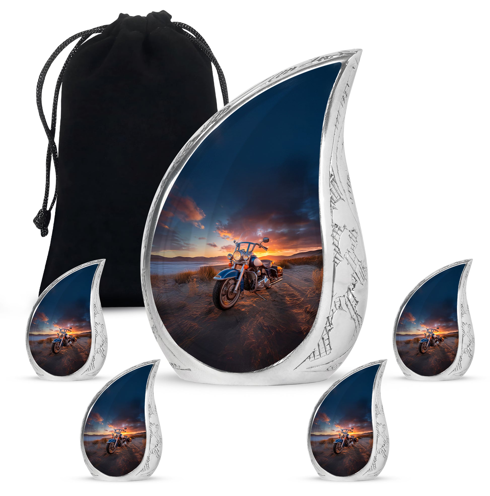 Charcoal Black Bike Cremation Urn side profile showing urn shape - smooth teardrop contour featuring bike art - memorial set with one large and four small urns