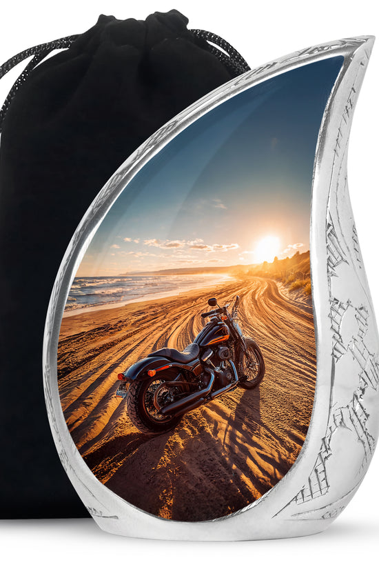 Ash Gray Bike Cremation Urn front view showing detailed design - smooth teardrop contour featuring bike art - full-size 10 inch 200 cubic inch adult cremation urn