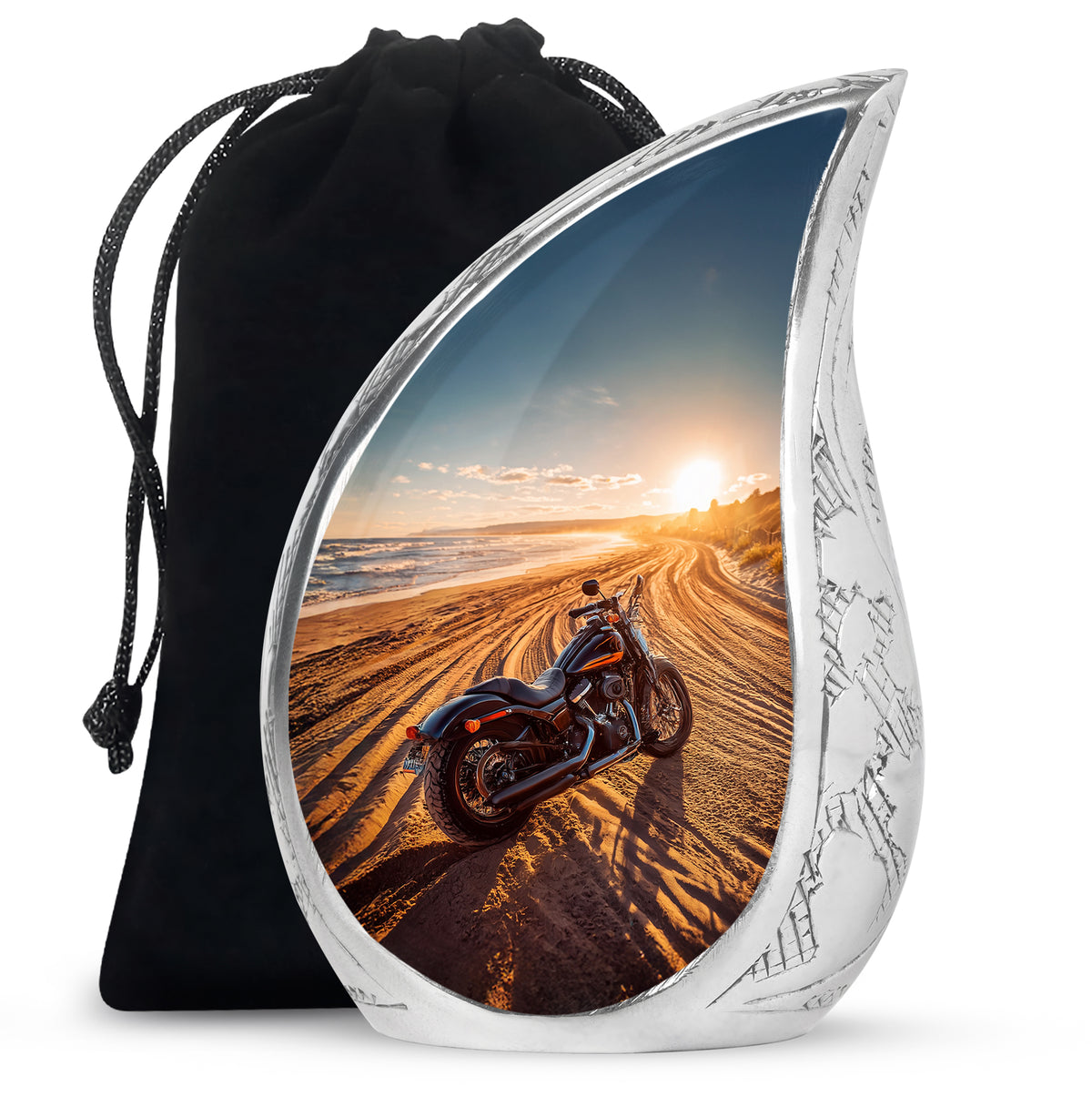 Ash Gray Bike Cremation Urn front view showing detailed design - smooth teardrop contour featuring bike art - full-size 10 inch 200 cubic inch adult cremation urn