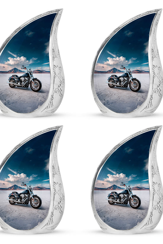 Vivid Blue Bike Cremation Urn close-up of engraving and surface detail - graceful tear-shaped urn with bike motif - 10 inch aluminum urn for cremated remains