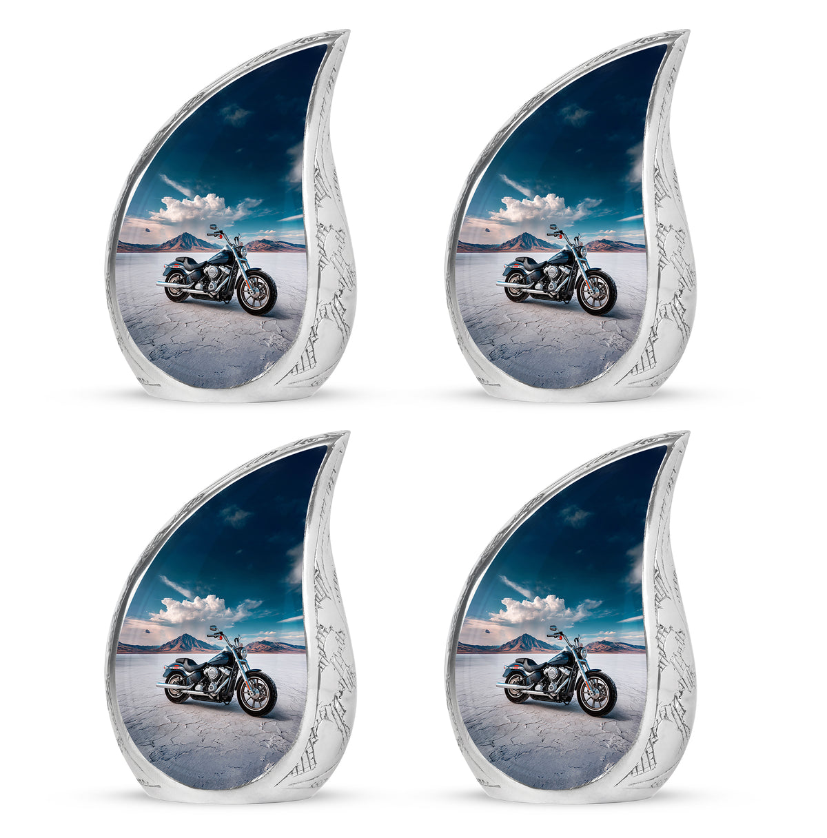 Vivid Blue Bike Cremation Urn close-up of engraving and surface detail - graceful tear-shaped urn with bike motif - 10 inch aluminum urn for cremated remains