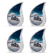 Vivid Blue Bike Cremation Urn close-up of engraving and surface detail - graceful tear-shaped urn with bike motif - 10 inch aluminum urn for cremated remains
