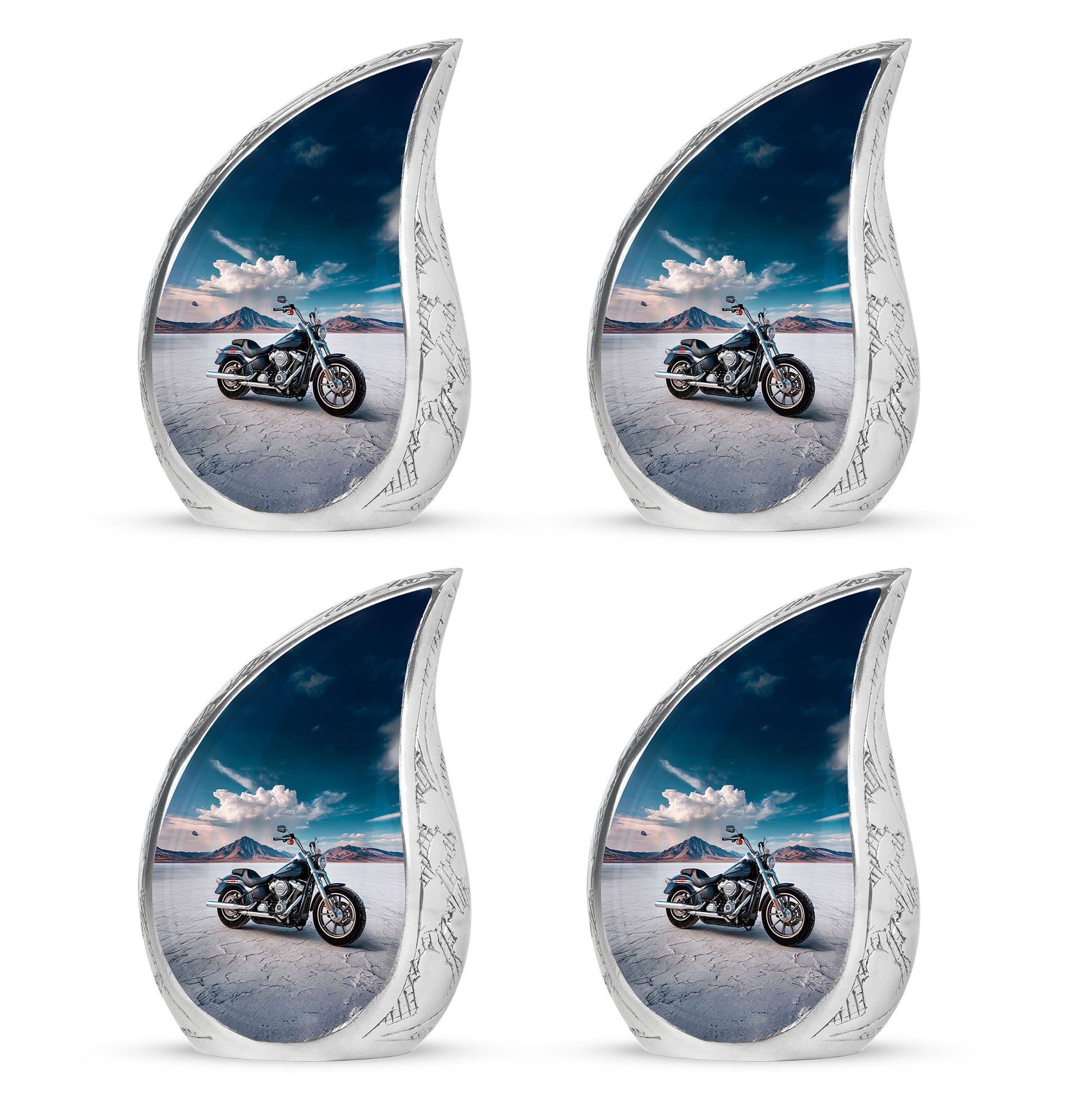 Vivid Blue Bike Cremation Urn close-up of engraving and surface detail - graceful tear-shaped urn with bike motif - 10 inch aluminum urn for cremated remains