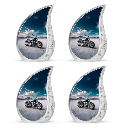 Vivid Blue Bike Cremation Urn close-up of engraving and surface detail - graceful tear-shaped urn with bike motif - 10 inch aluminum urn for cremated remains