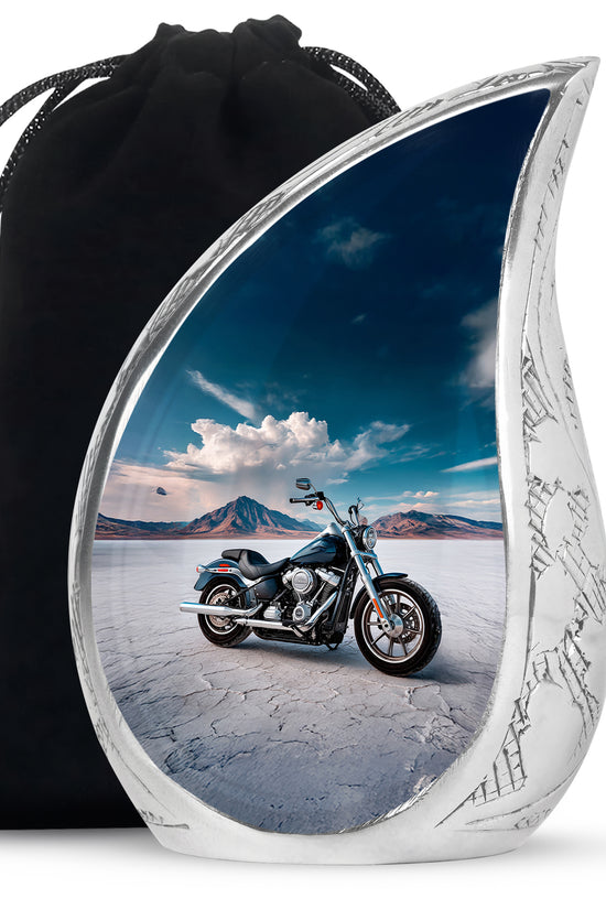 Sky Blue Bike Cremation Urn front view showing detailed design - rounded teardrop bike design with delicate detail - full-size 10 inch 200 cubic inch adult cremation urn