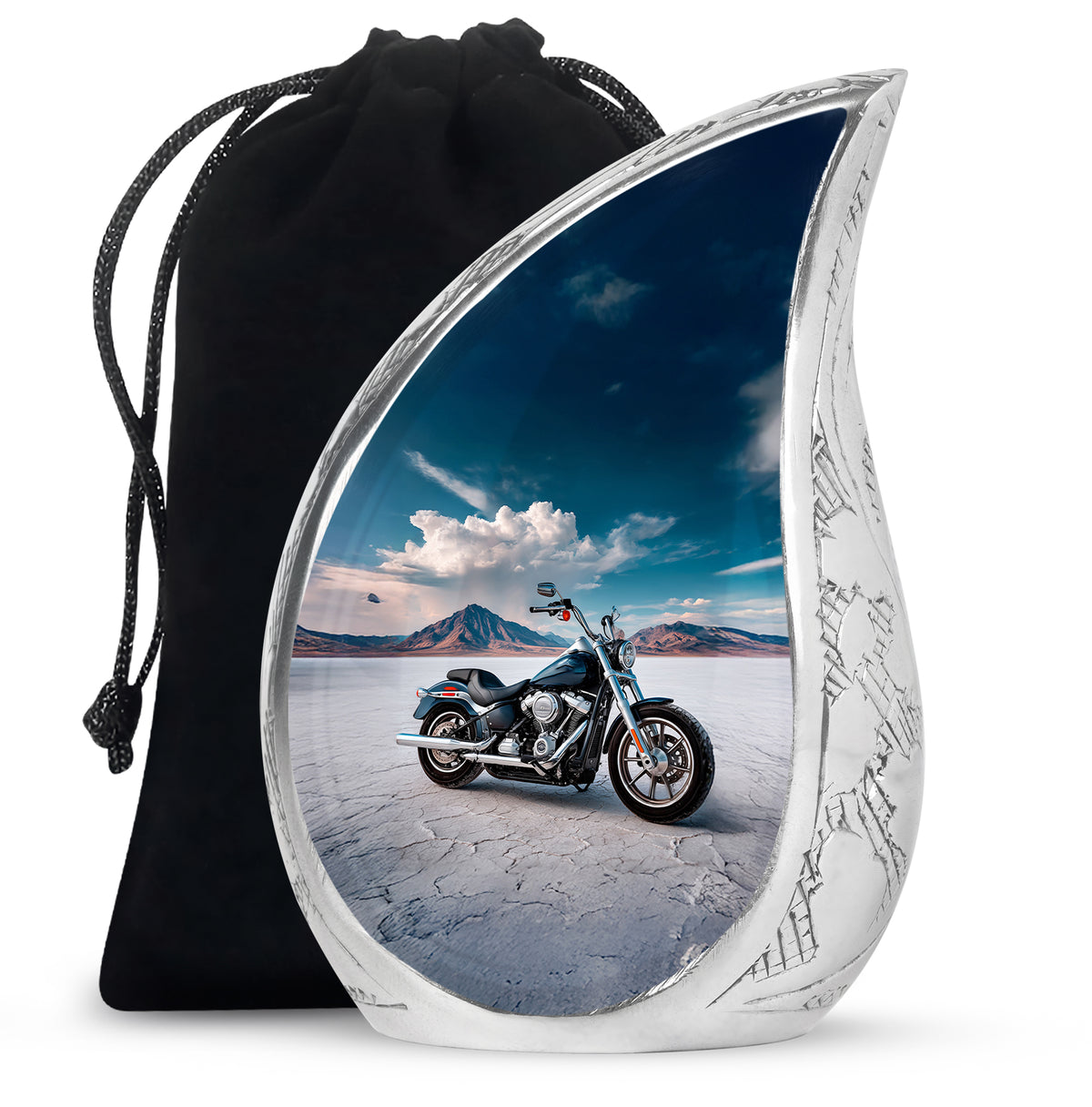 Sky Blue Bike Cremation Urn front view showing detailed design - rounded teardrop bike design with delicate detail - full-size 10 inch 200 cubic inch adult cremation urn
