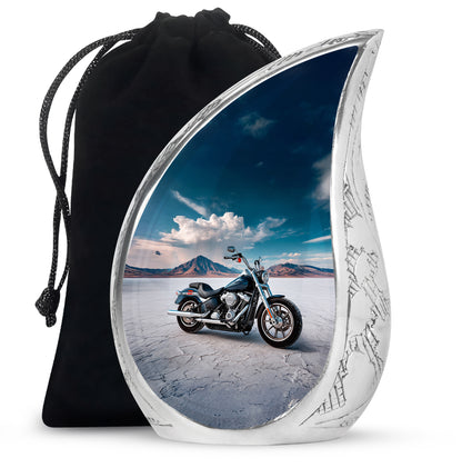 Sky Blue Bike Cremation Urn front view showing detailed design - rounded teardrop bike design with delicate detail - full-size 10 inch 200 cubic inch adult cremation urn