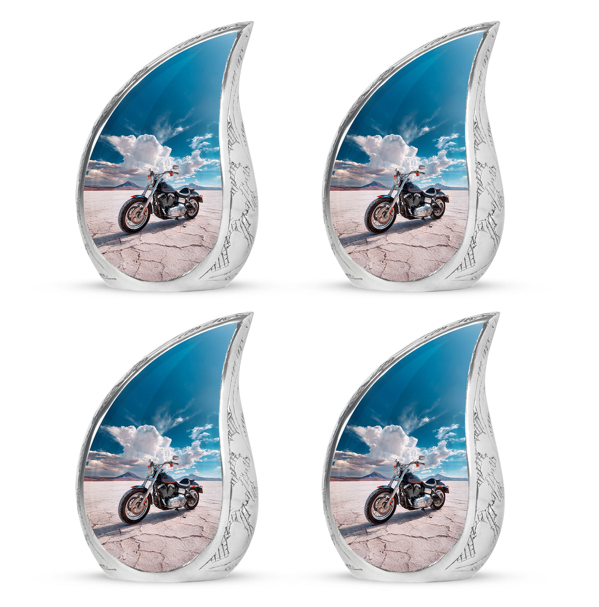 Slate Blue Bike Cremation Urn close-up of engraving and surface detail - flowing teardrop bike silhouette on curved aluminum - 10 inch aluminum urn for cremated remains