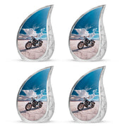 Slate Blue Bike Cremation Urn close-up of engraving and surface detail - flowing teardrop bike silhouette on curved aluminum - 10 inch aluminum urn for cremated remains