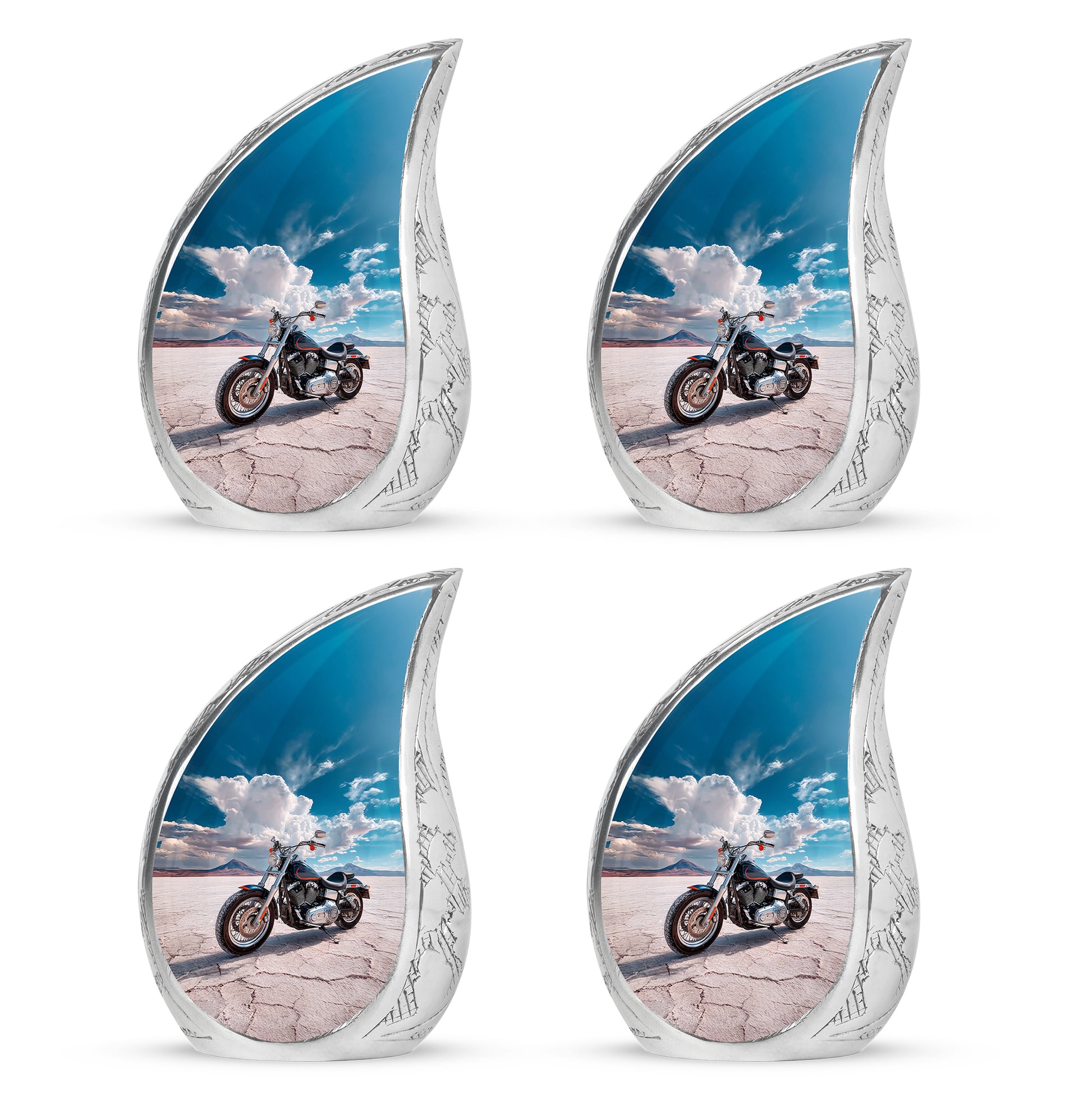 Slate Blue Bike Cremation Urn close-up of engraving and surface detail - flowing teardrop bike silhouette on curved aluminum - 10 inch aluminum urn for cremated remains