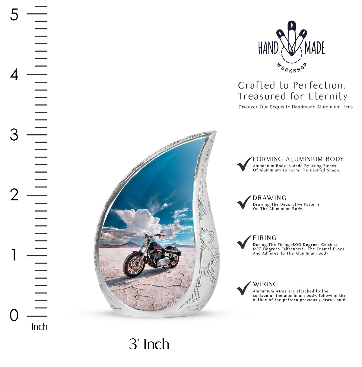 Misty Blue Bike Cremation Urn angled view of lid and engraved motif - rounded teardrop bike design with delicate detail - mini keepsake memorial for portion of cremation ashes