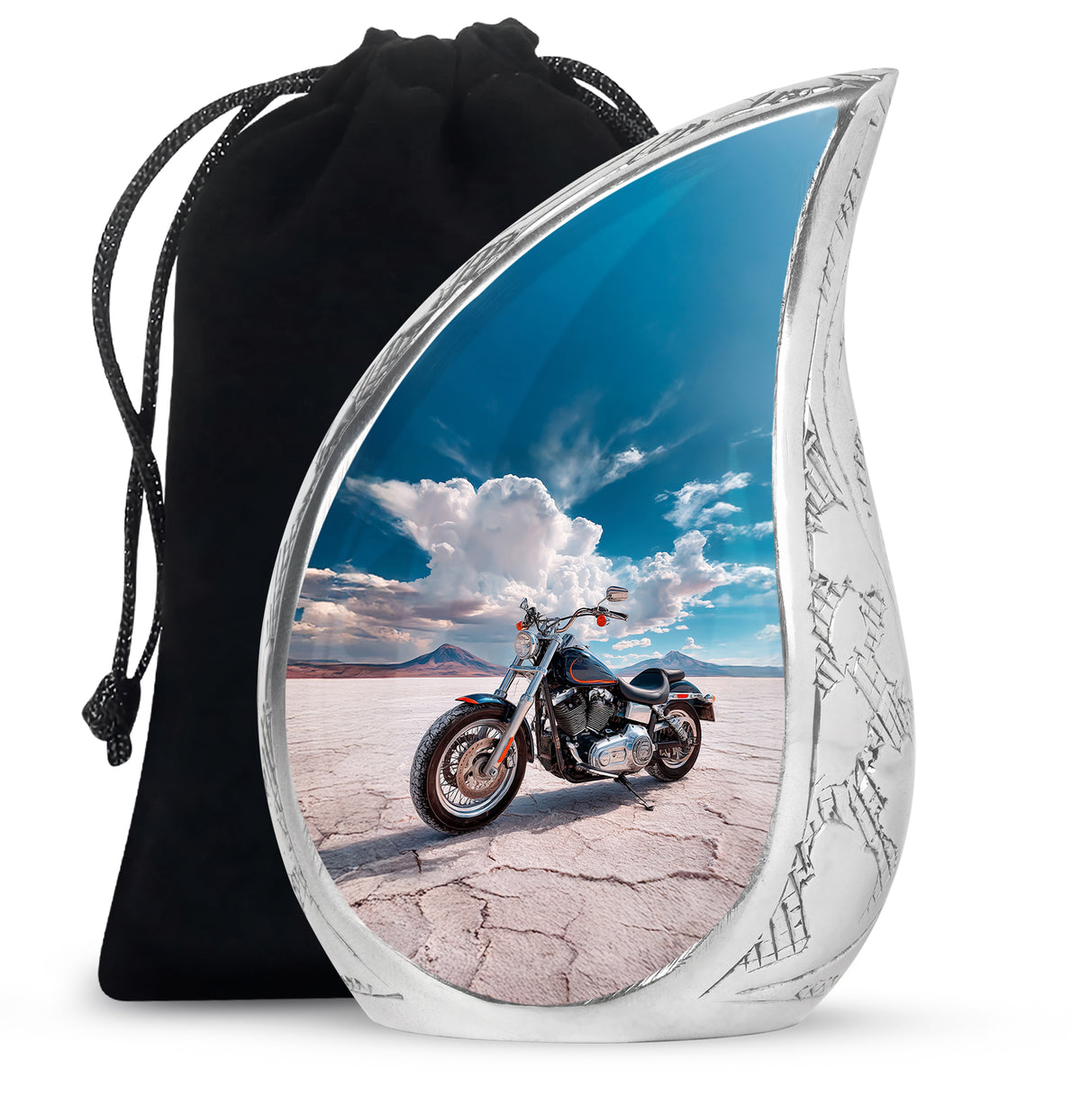 Azure Bike Cremation Urn front view showing detailed design - flowing teardrop bike silhouette on curved aluminum - full-size 10 inch 200 cubic inch adult cremation urn