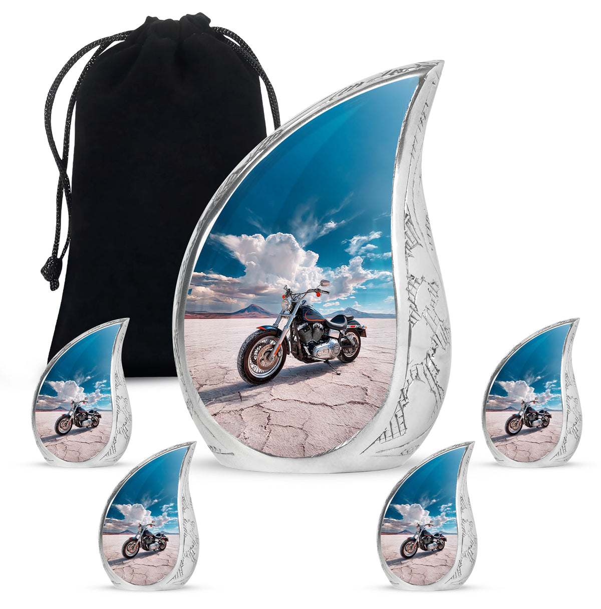 Navy Blue Bike Cremation Urn side profile showing urn shape - flowing teardrop bike silhouette on curved aluminum - memorial set with one large and four small urns