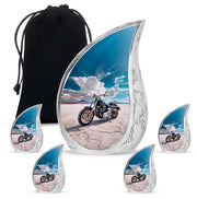 Navy Blue Bike Cremation Urn side profile showing urn shape - flowing teardrop bike silhouette on curved aluminum - memorial set with one large and four small urns