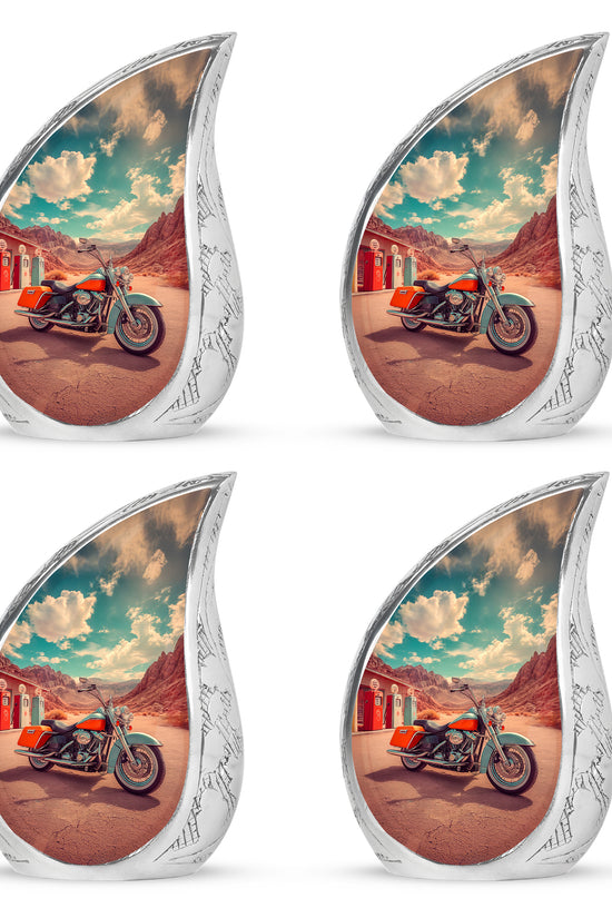 Mystic Teal Bike Cremation Urn close-up of engraving and surface detail - graceful tear-shaped urn with bike motif - 10 inch aluminum urn for cremated remains